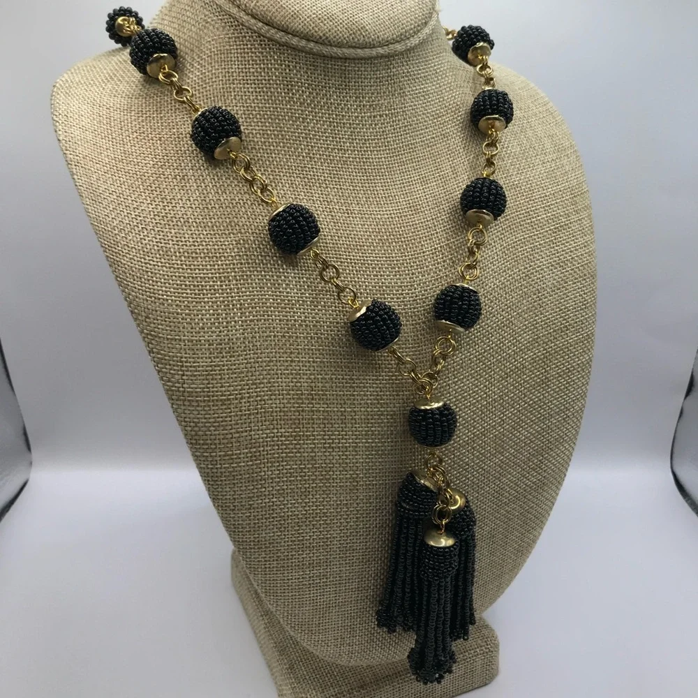 Elegant Black Seed Beads and Gold-Tone Accents with Beaded Tassels Necklace - Picture 3 of 8